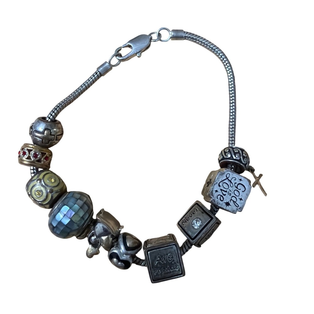 Inspirational Religious Charm Bracelet Silver Tone God‎ Is Love Cross Faith